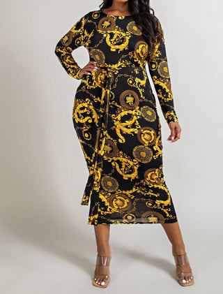 The Curve La - Plus Size Long Sleeve Midi Dress With Tie Belt