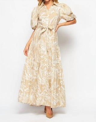 Big Hit Fashion - Woven Palm Print Bubble Sleeve Maxi Dress