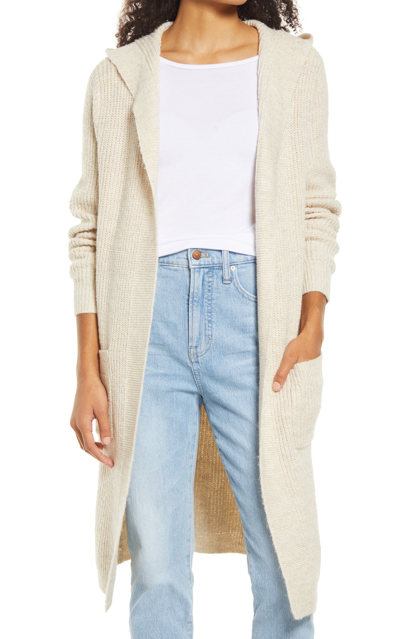 Caslon(R) Ribbed Hooded Long Cotton Blend Cardigan in Beige Oatmeal Light Heather, Size Medium