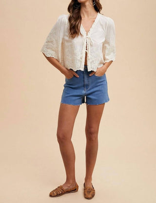 Anniewear - Tie Front Embroidered Blouse