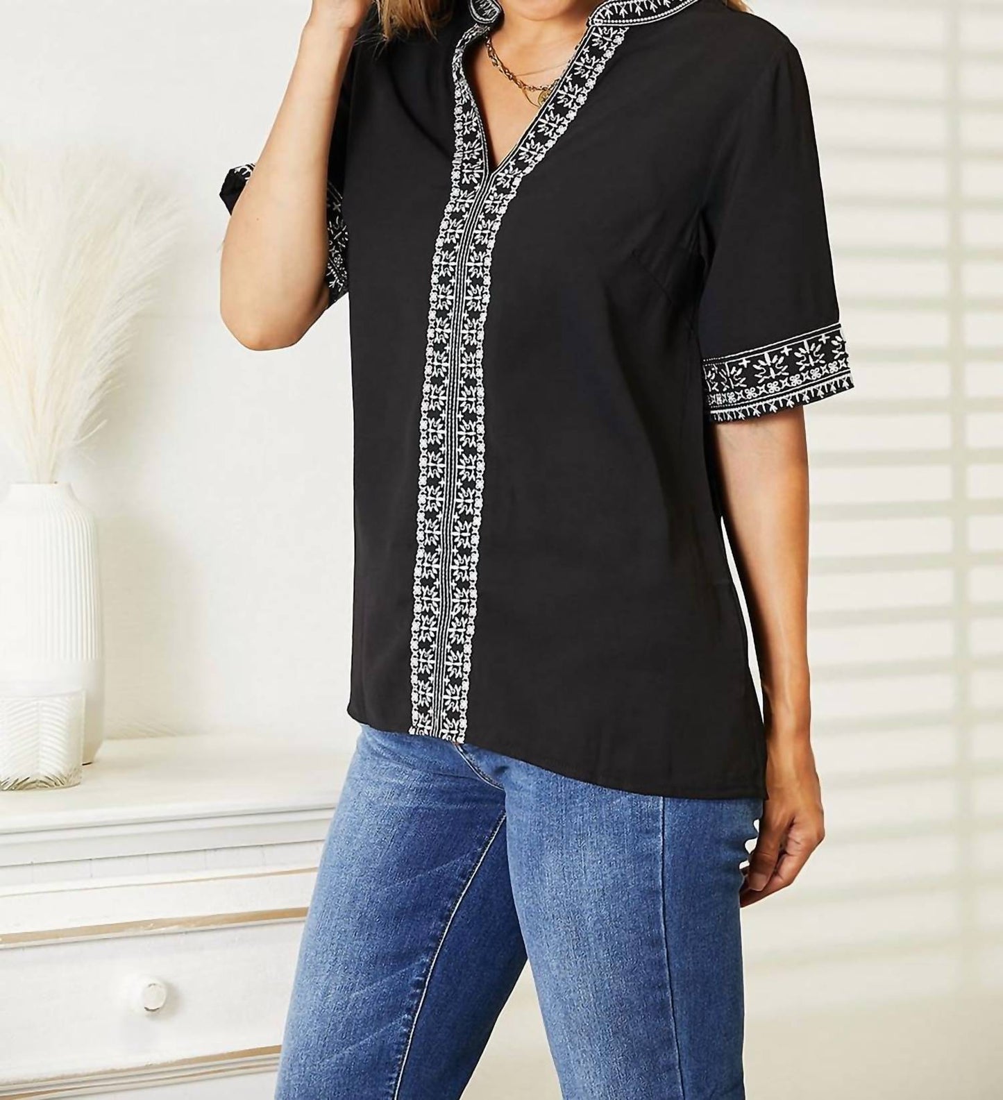 Double Take - Embroidered Notched Neck Top