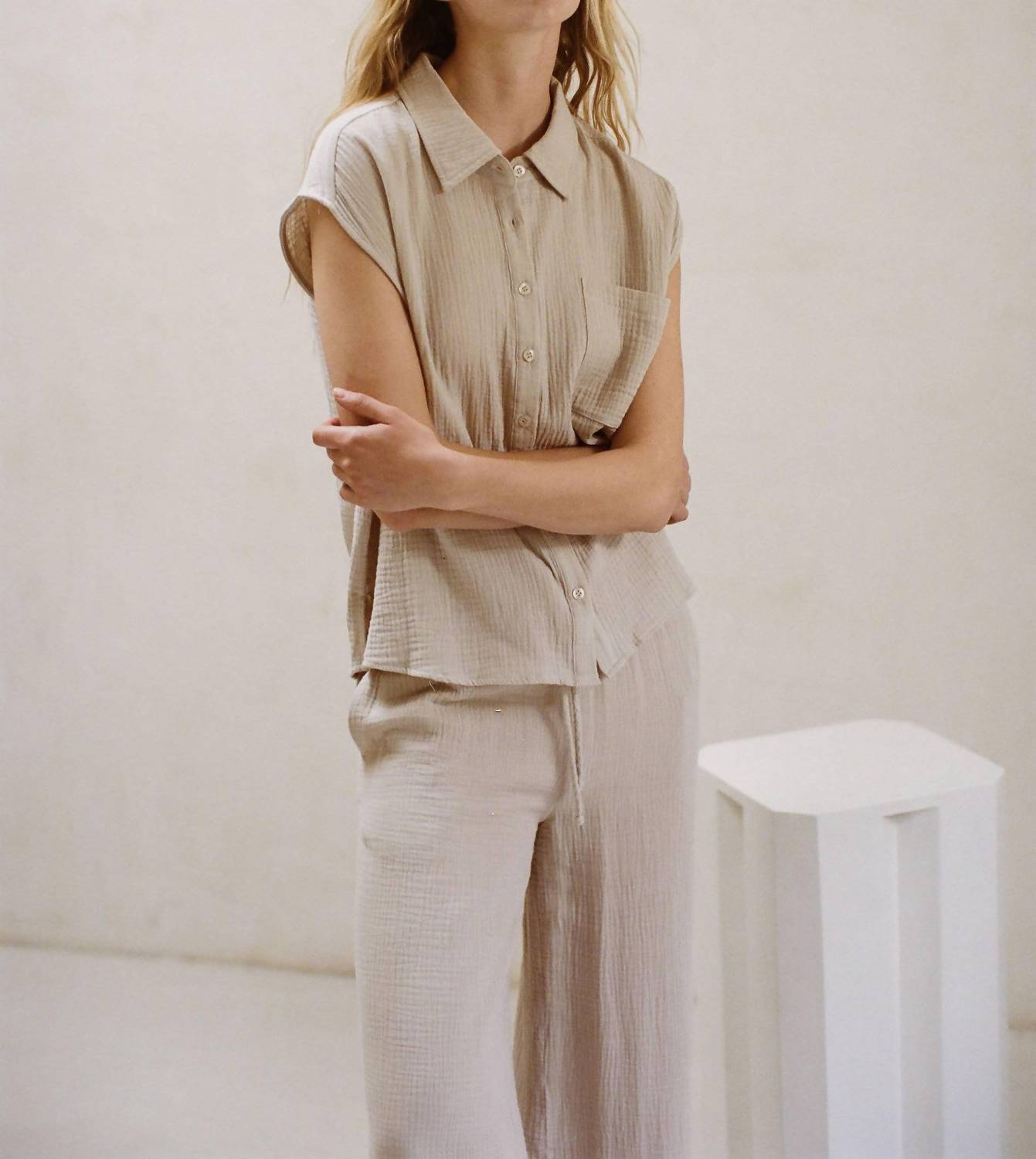 By Together - Gauze Button Down Collar Neck Sleeveless Top