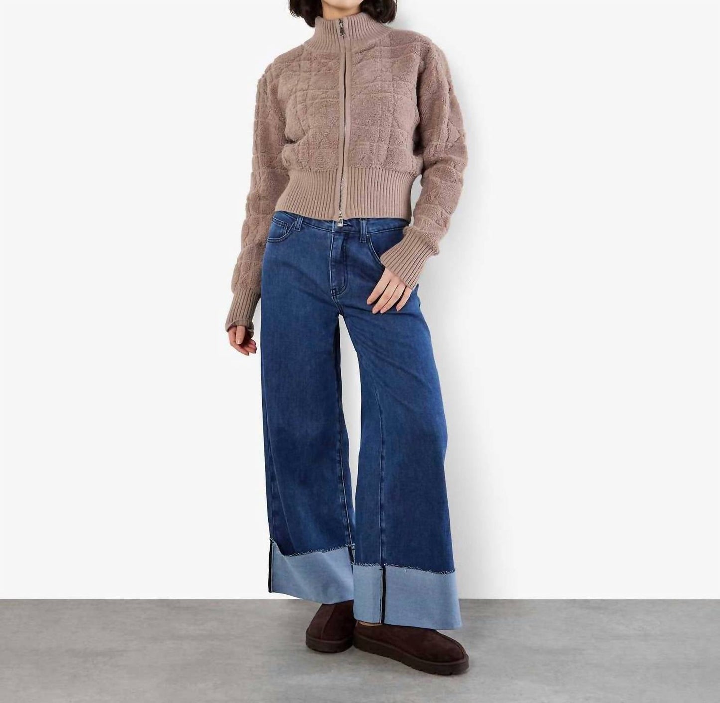 Apricot - Textured Rib Edge Zip Jacket