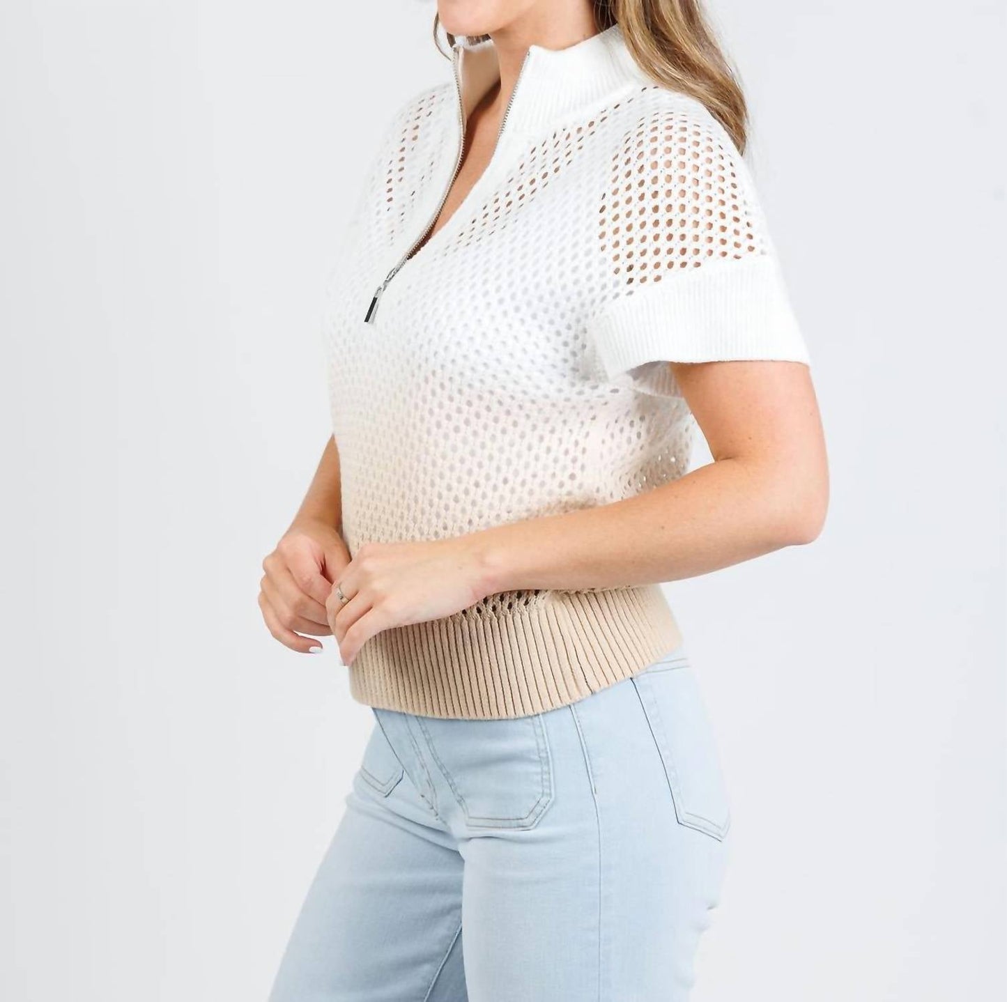 J. Society - Women's Mesh Ombre Zip Cap Sleeve Sweater