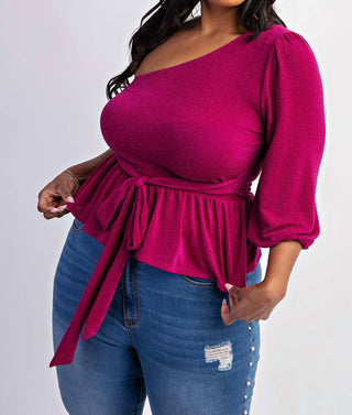 The Curve La - Plus Size One Shoulder Peplum Top With Tie