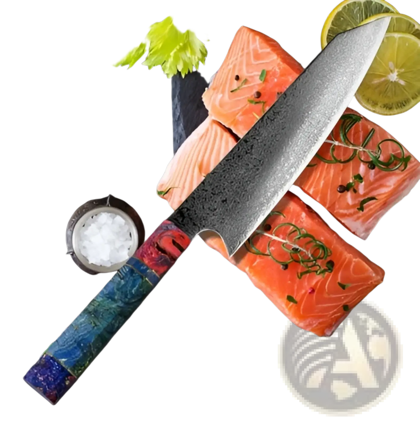Damascus Steel Chef Knife with Blue Resin Wood Handle