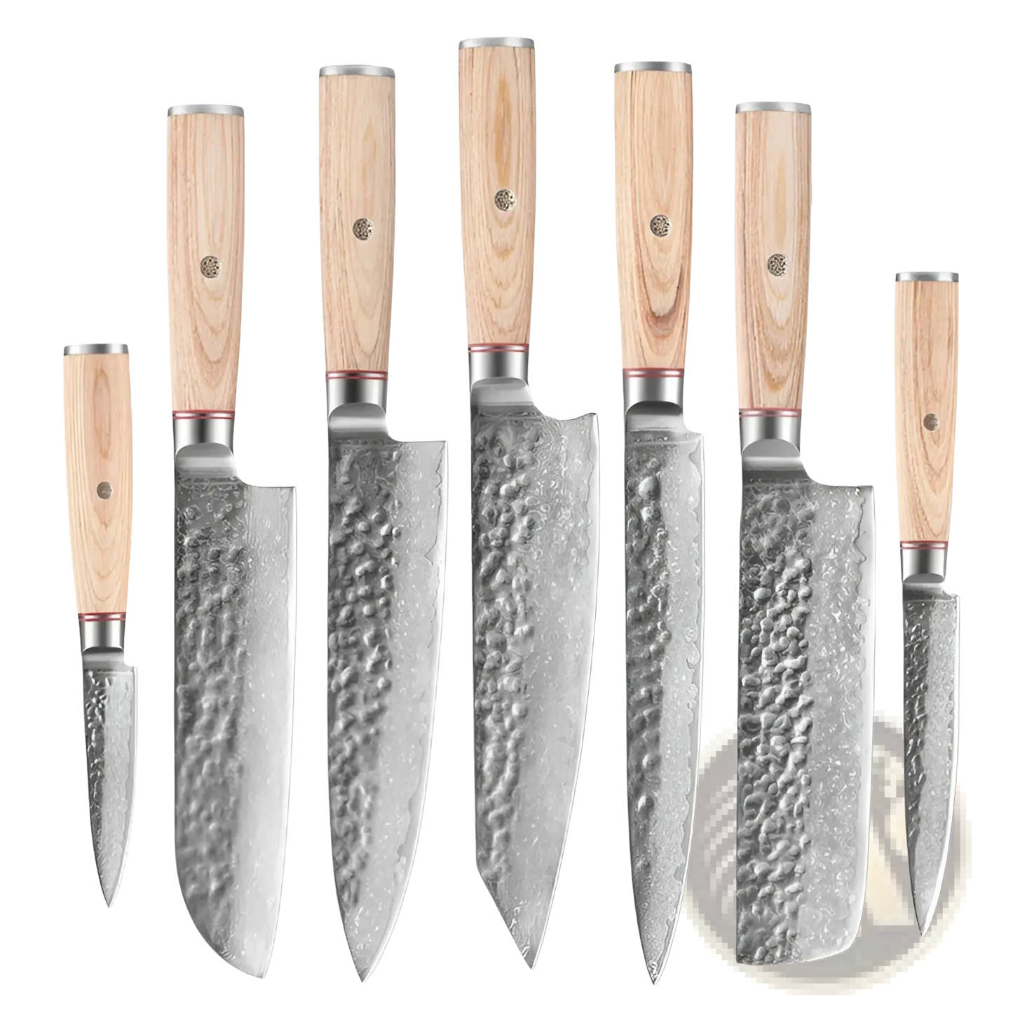 Damascus Steel Chef Knife Set 7 Piece Hammered Wood Handle