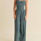 Miou Muse - Lace-up Washed Denim Jumpsuit