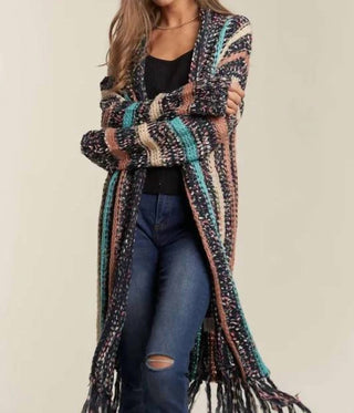 Trendsi - Adora Multi Colour Sweater Long Cardigan With Fringes