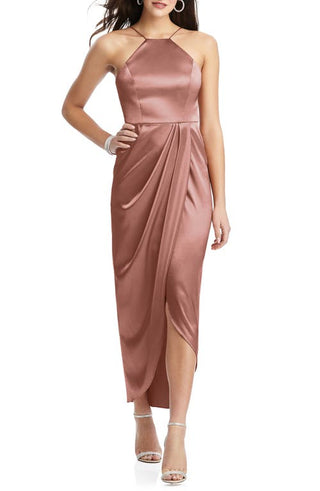 After Six Bow Halter Neck Stretch Satin Gown - Desert Rose