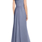 Adrianna Papell - Off Shoulder Ruched Piping Detail Crepe Chiffon Dress