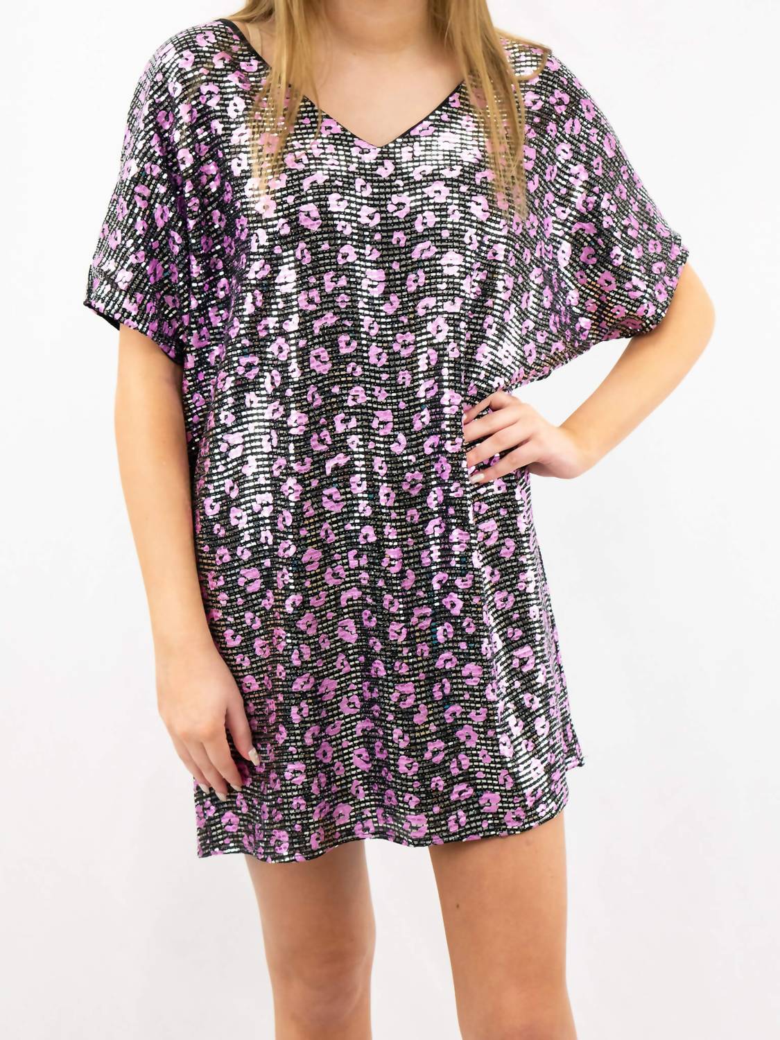 Adrienne - Animal Print Metallic Shift Mini Dress