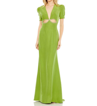 Mac Duggal - Plunge Neck Puff Sleeve Cut Out Gown