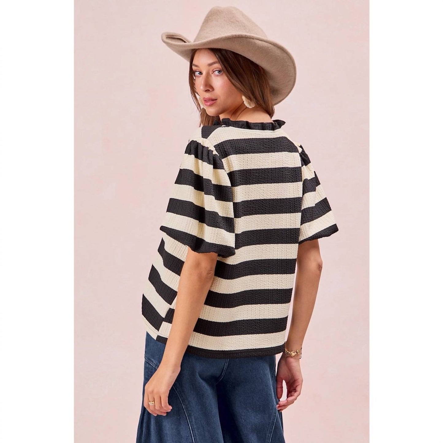 Bibi - Stripe Balloon Sleeve Ruffled V-neck Top