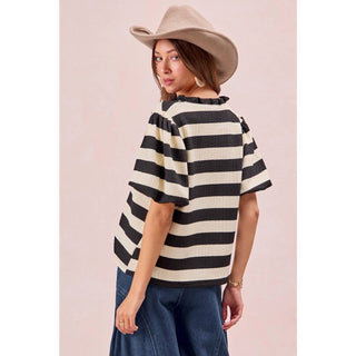 Bibi - Stripe Balloon Sleeve Ruffled V-neck Top