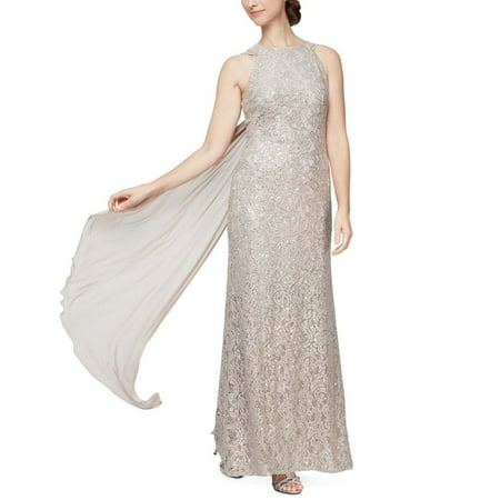 Alex Evenings Sequin Lace Drape Back Gown - Beige