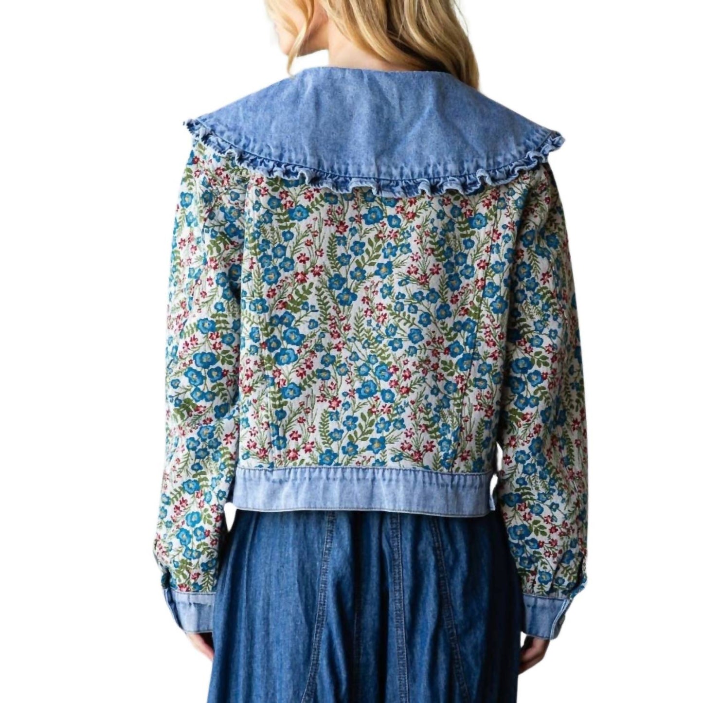 Veveret - Vintage Jacquard Ruffle Collar Denim Jacket