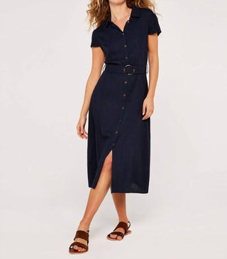 Apricot - Linen Blend Belted Shirt Midi Dress