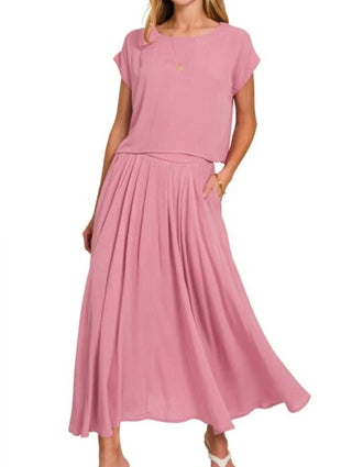 Zenana - Woven Crinkle Gauze Crop Tee And Skirt Set