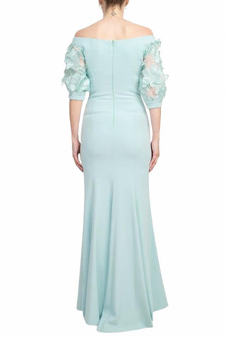 Alberto Makali - Off The Shoulder Embellished Lace Sleeve Mermaid Slit Side Gown