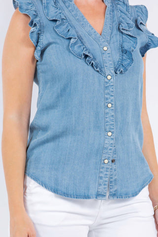Paparazzi - Tencel Denim Ruffle Front Sleeveless Shirt