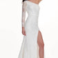 Rachel Allan - Asymmetrical Neck One Shoulder Long Sleeved Slit Evening Gown