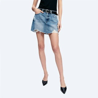 Bayeas - A-line Denim Mini Skirt With Frayed Hem