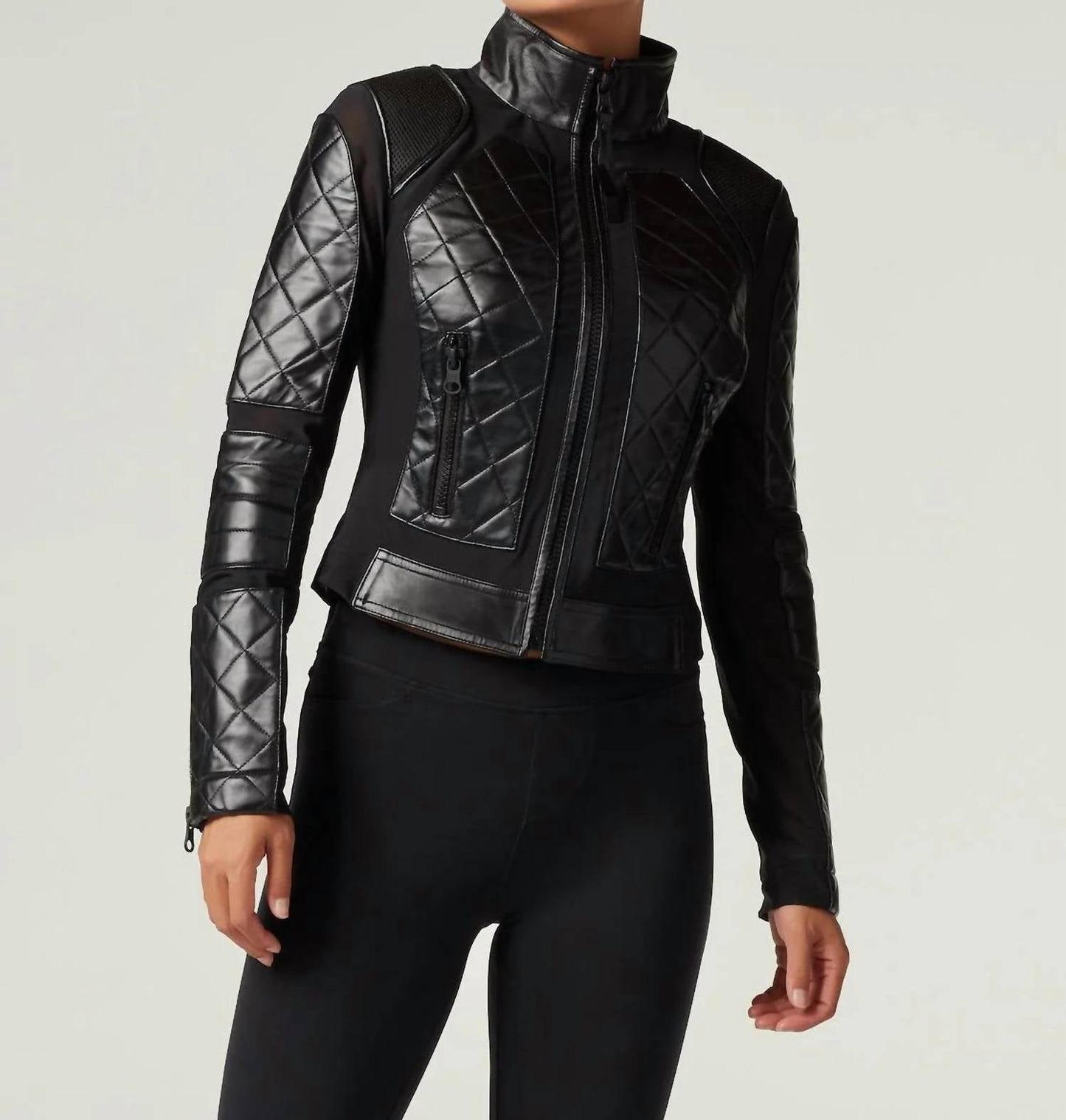 Blanc Noir - Classic Leather Mesh Moto Jacket With Diamond Quilting