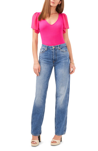 1.STATE Flutter Sleeve T-Shirt Rib Knit Berry Pink Size M