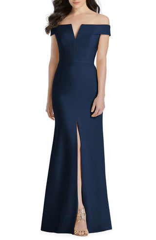 Dessy Collection Notched Off-the-Shoulder Crepe Gown - Midnight