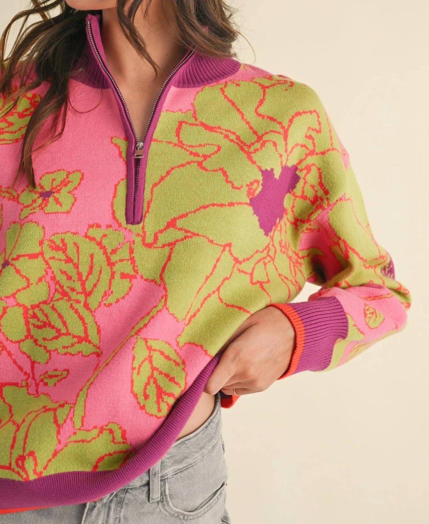 &Merci - Floral Knit Mock Neck Half Zip Pullover
