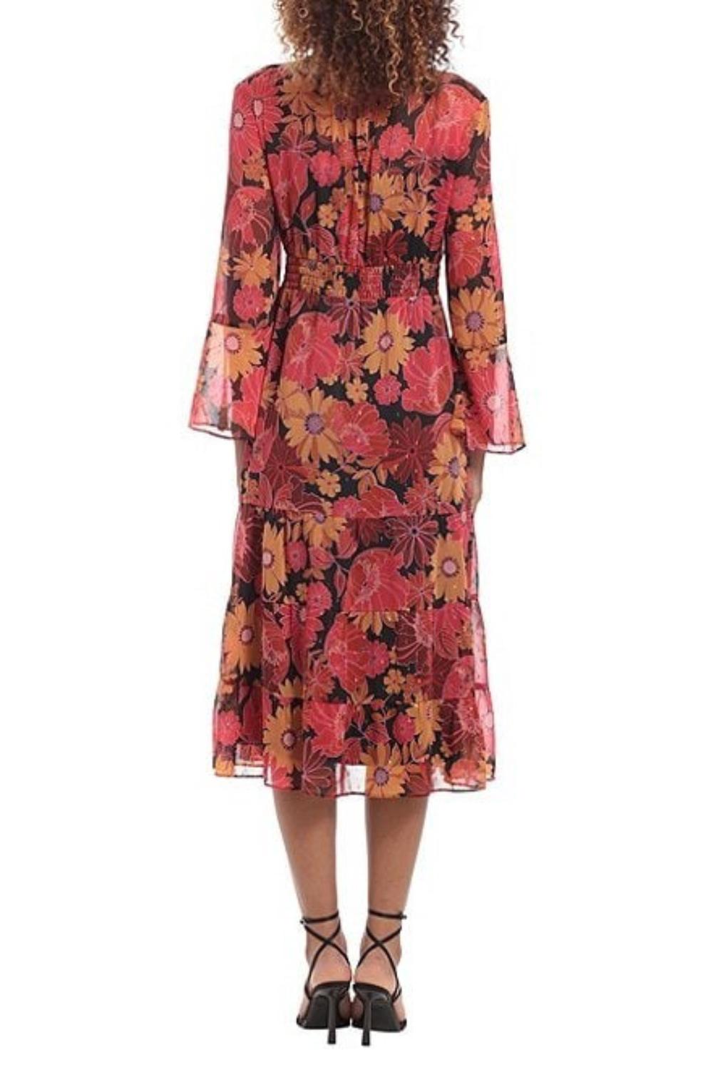 Donna Morgan - Floral Mock Neck Tiered Ruffle A-line Midi Dress