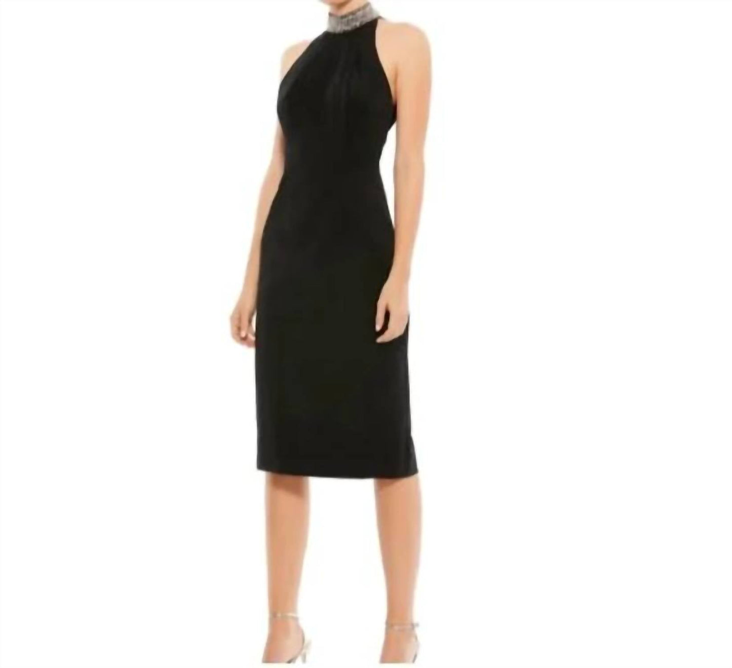 Ieena For Mac Duggal - Open Back Jewel Neck Halter Midi Dress