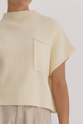 Entro - Ribbed Knit Sweater Top With Pocket