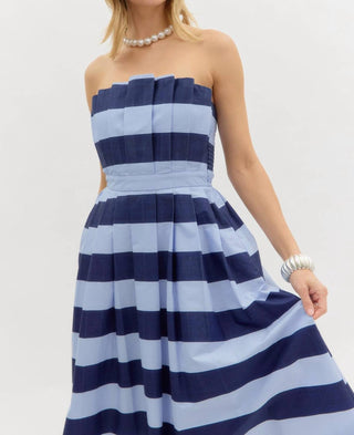 Entro - Stripe Print Strapless Pleated Midi Dress