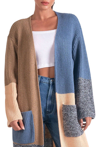 Elan - Long Colorblock Duster Sweater with Pockets