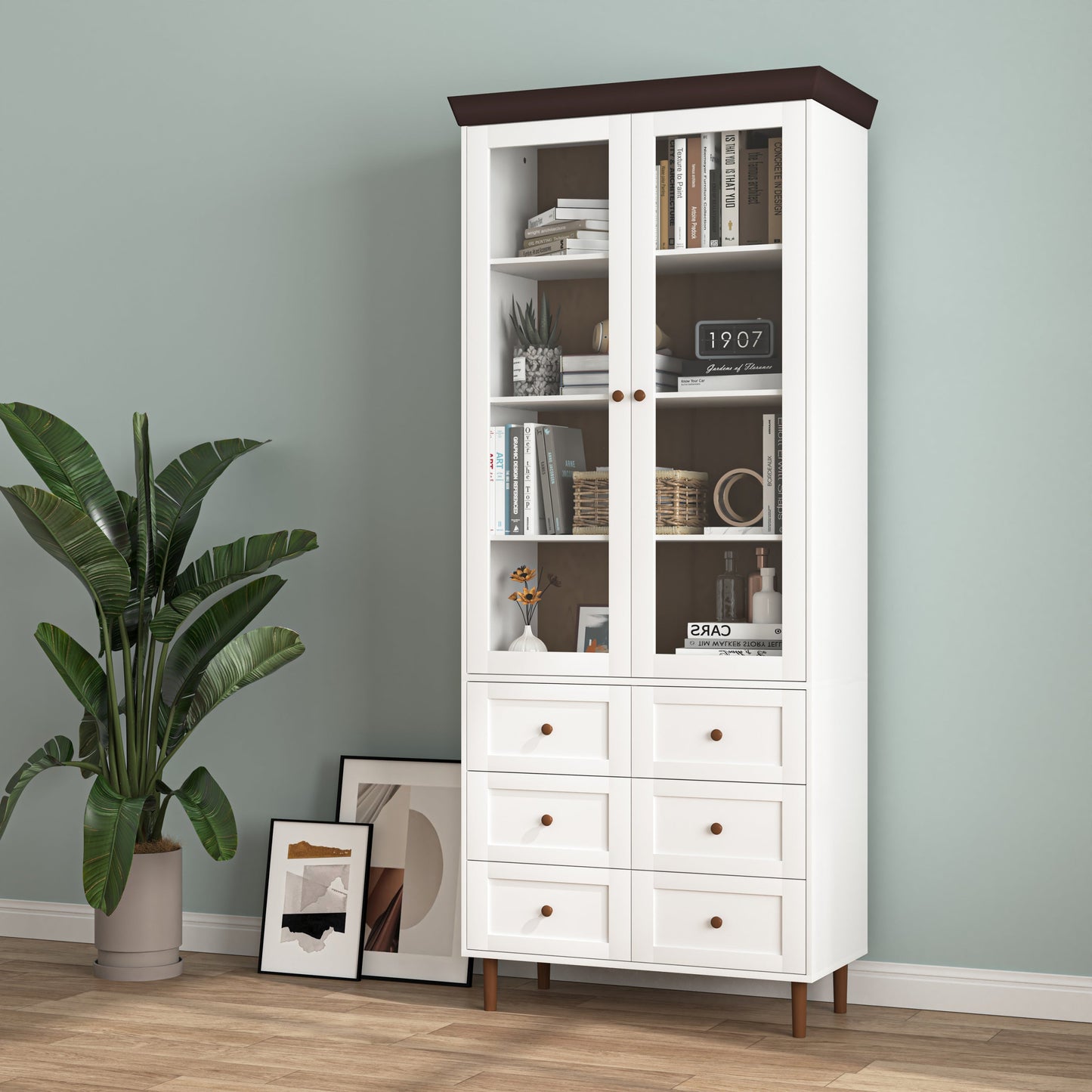 White MDF Display Storage Cabinet with Glass Doors and Adjustable Shelves