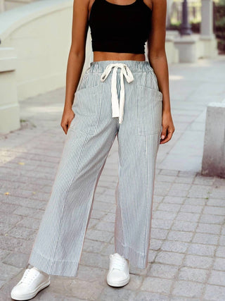 1 The Woman - Pin Stripe Mid Rise Drawstring Waist Pants