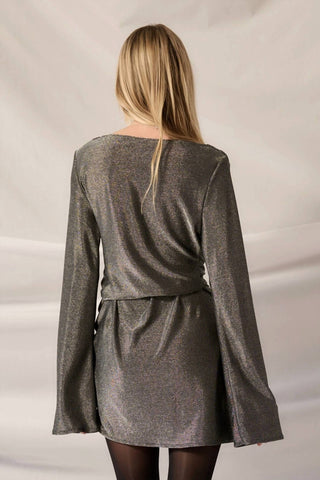 Promesa - Metallic Knit Cowl-Neck Bell-Sleeve Mini Dress