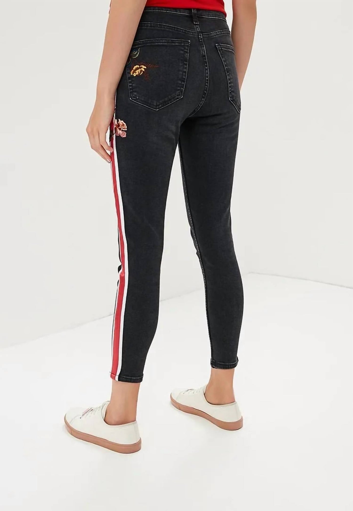 Topshop - Moto Stripe Floral Embroidery High Rise Skinny Jeans