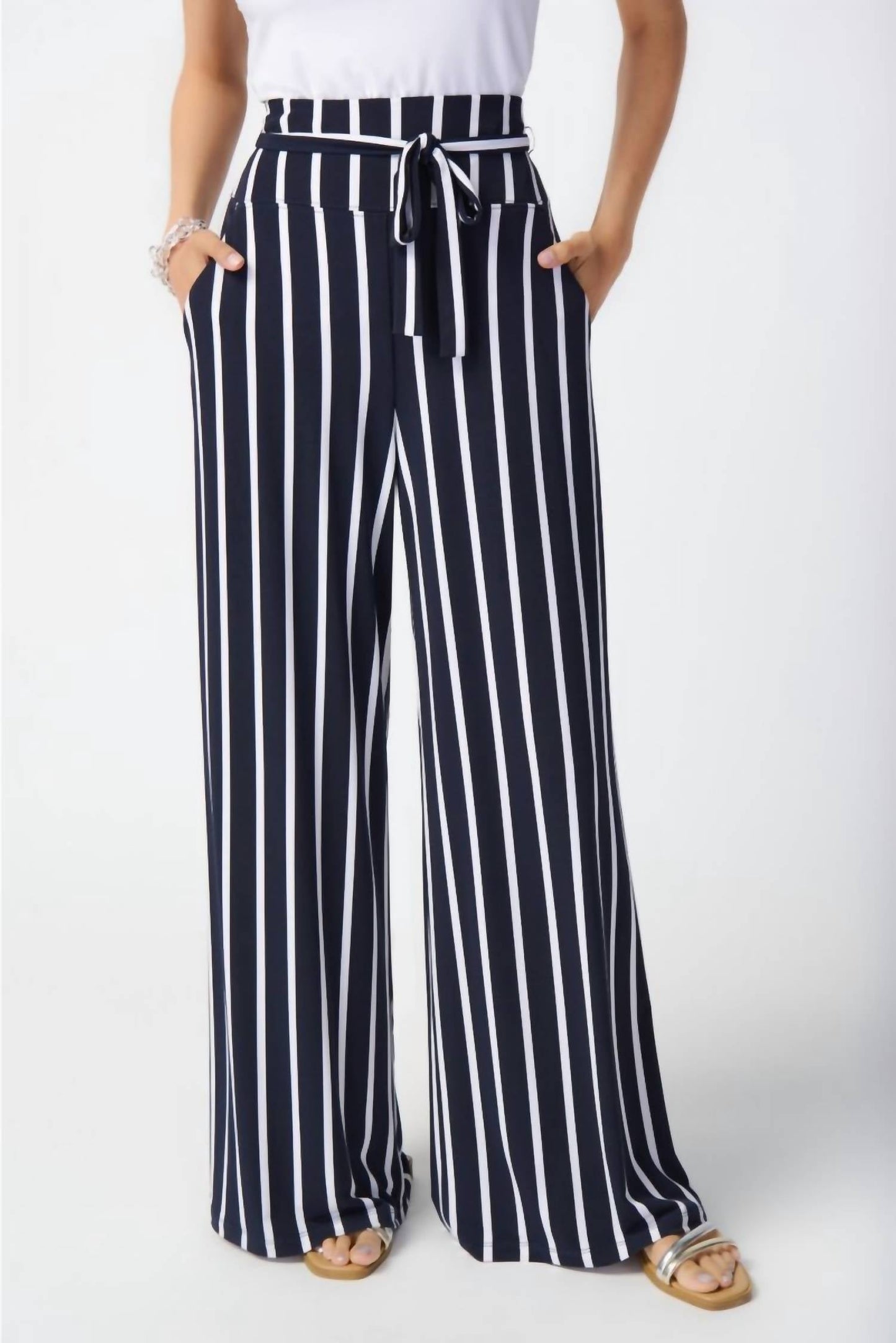 Joseph Ribkoff - Joseph Ribkoff Striped High-waist Belted Wide-leg Pants 241135 *