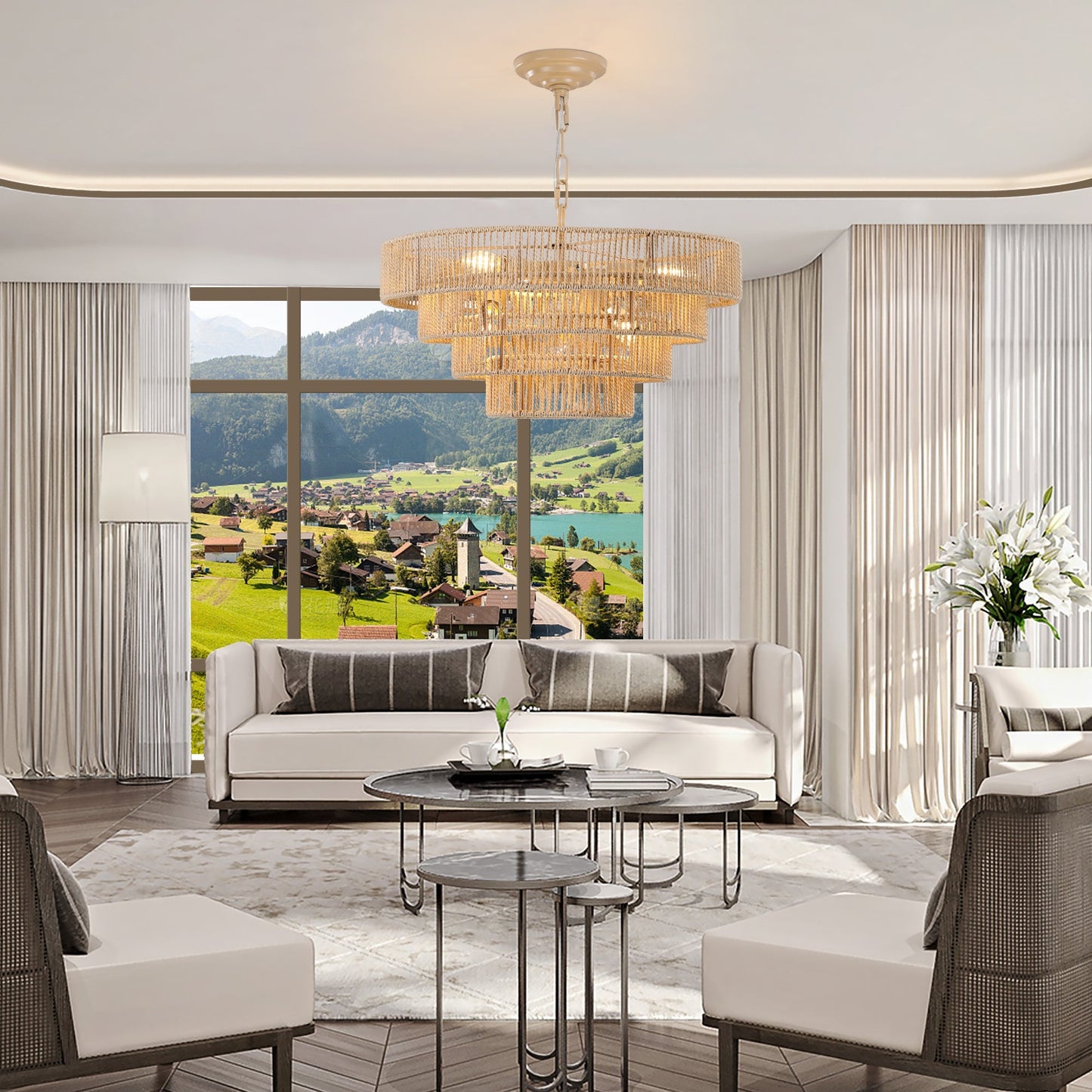 20' Modern 4-Layer Woven Hemp Rope Chandelier