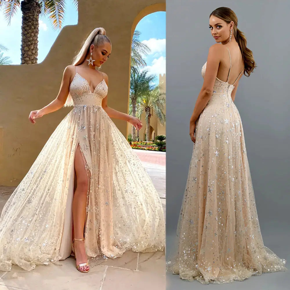 Star Embellished Deep v Slit Evening Gown