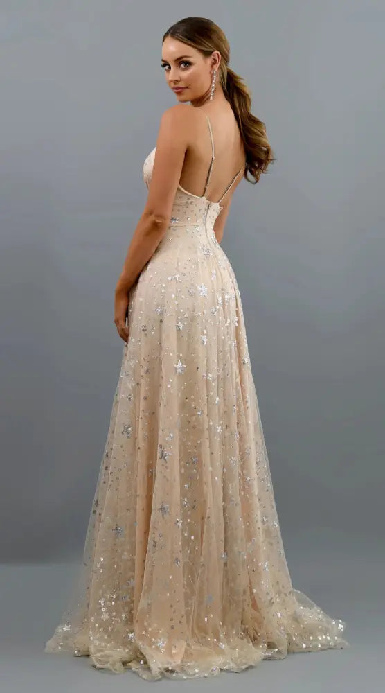 Star Embellished Deep v Slit Evening Gown