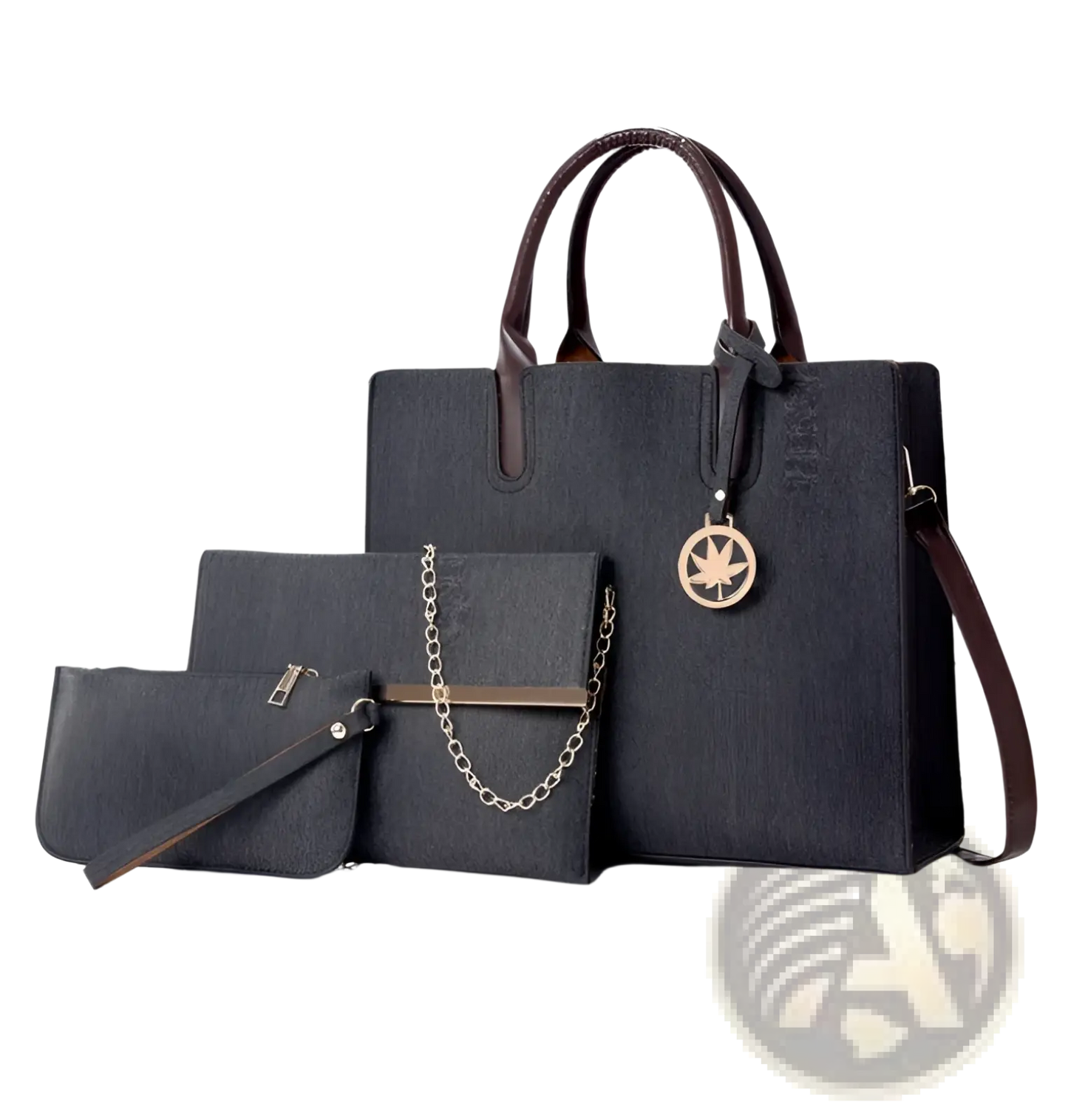 Denim and Leather Three Piece Multi Compartment Handbag Set