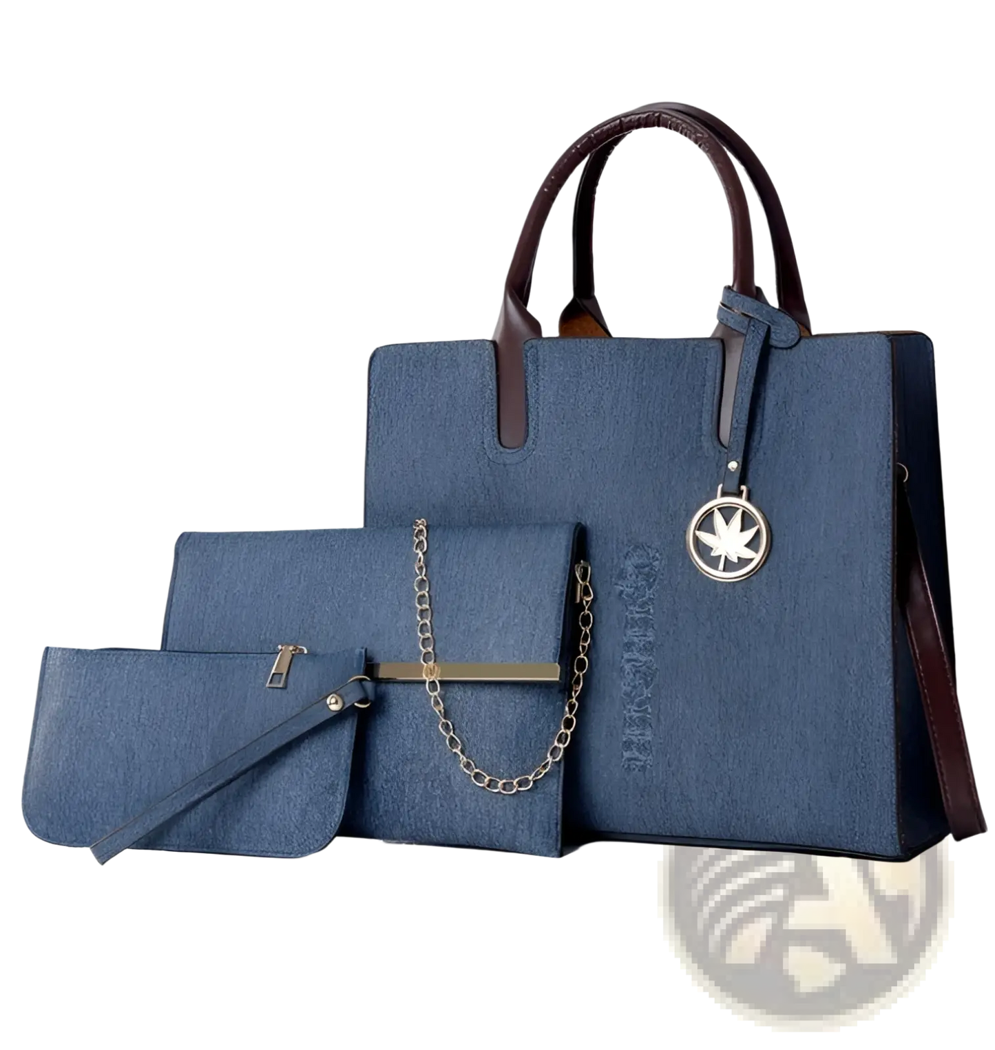 Denim and Leather Three Piece Multi Compartment Handbag Set