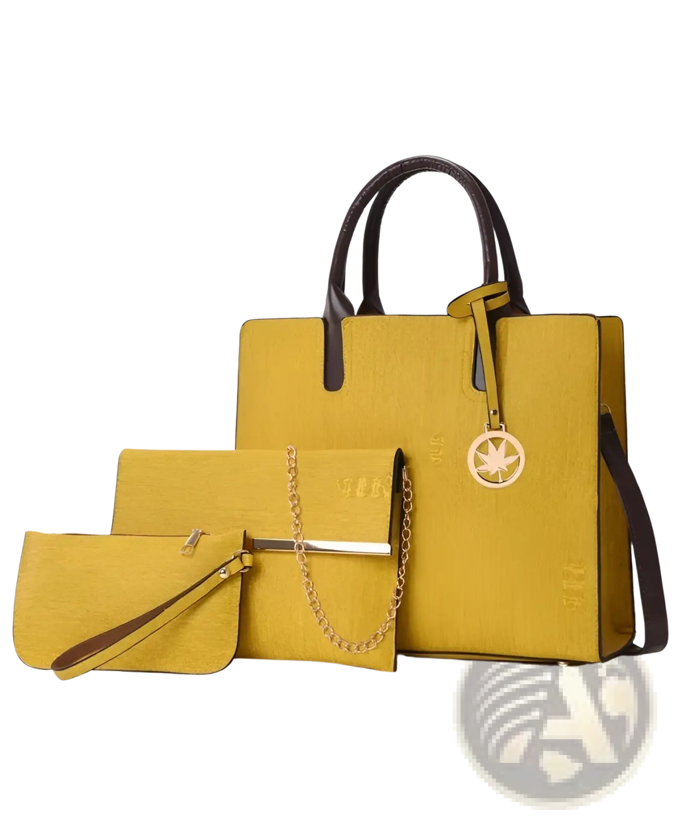 Denim and Leather Three Piece Multi Compartment Handbag Set