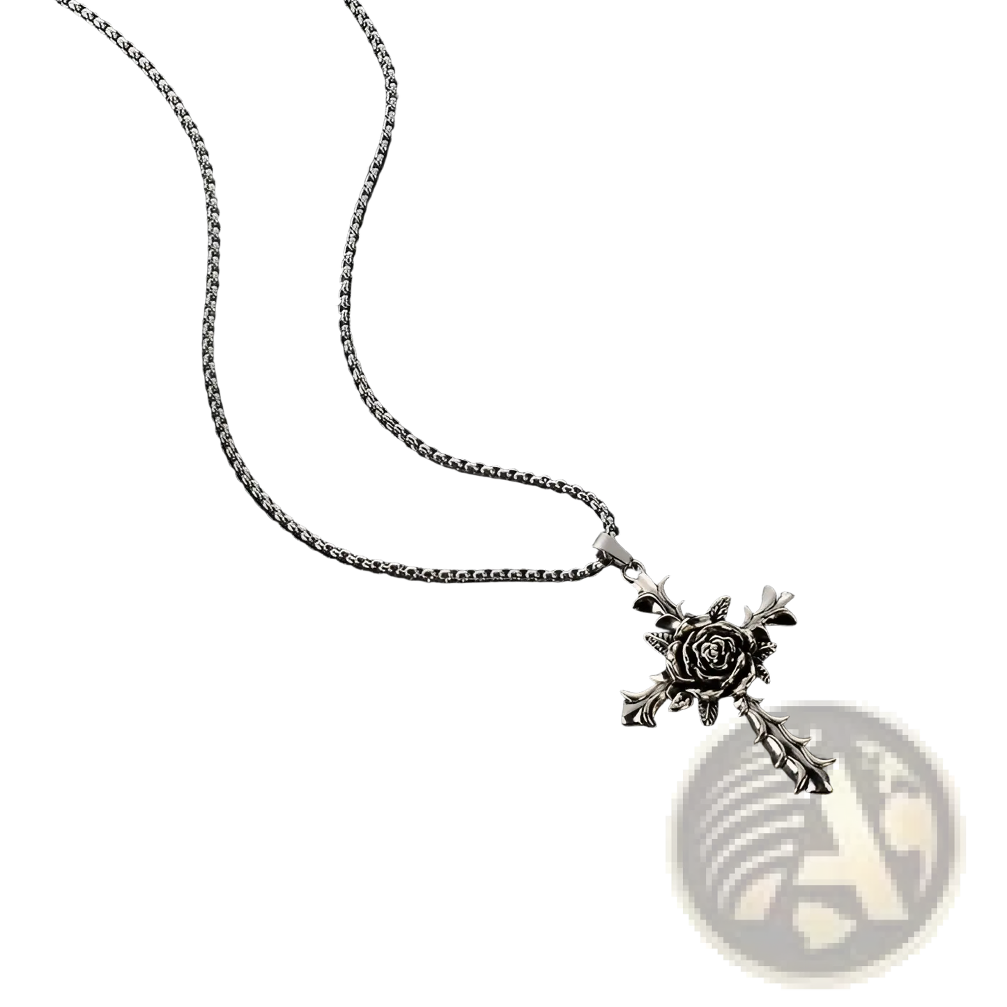 Detailed Silver Rose Cross Pendant Necklace