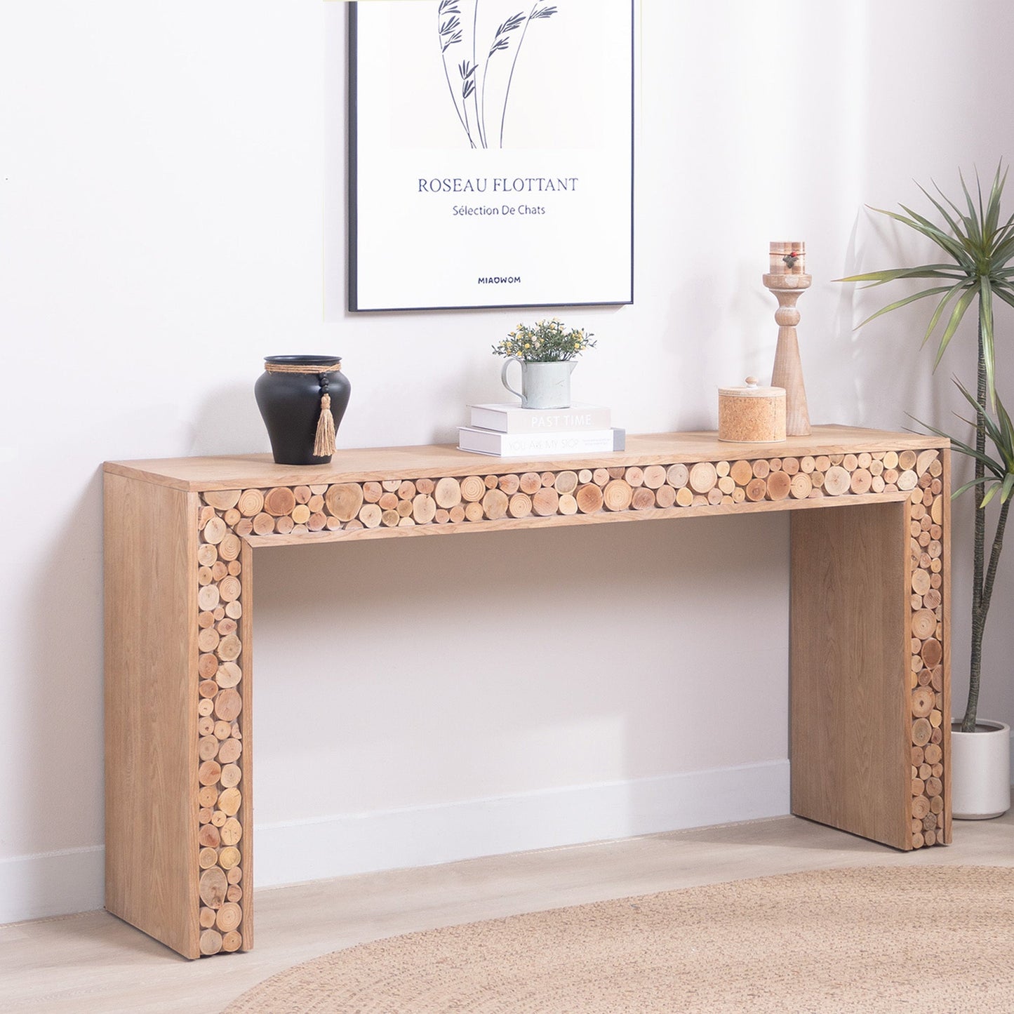 Rustic Wood Console Table with Natural Log Accents – 62" Entryway Table