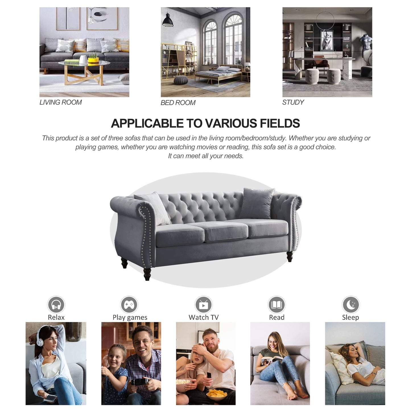80" Grey Velvet Chesterfield Sofa
